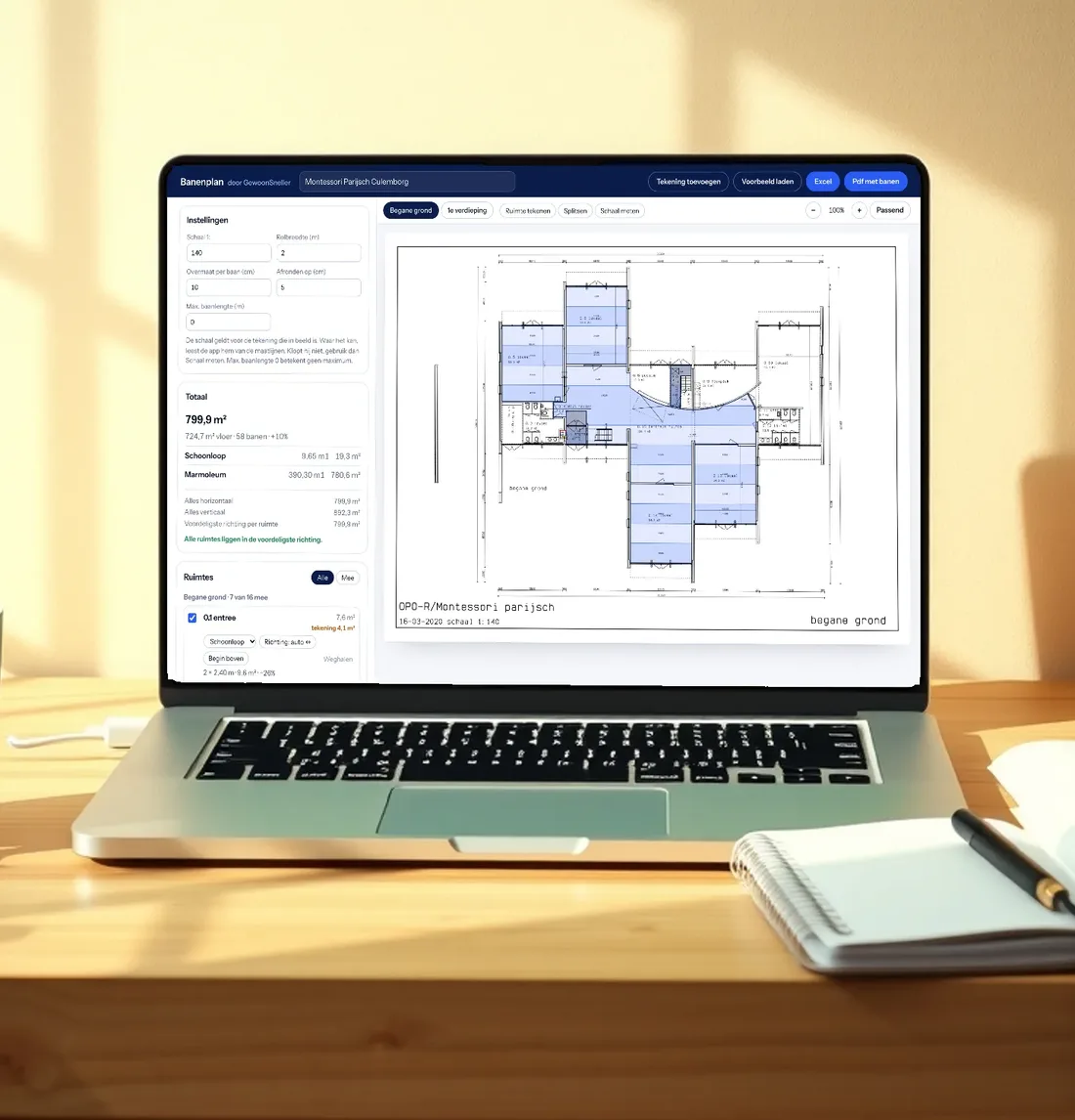 Banenplan, een webapp die vloerbanen berekent uit een plattegrond, op een laptop