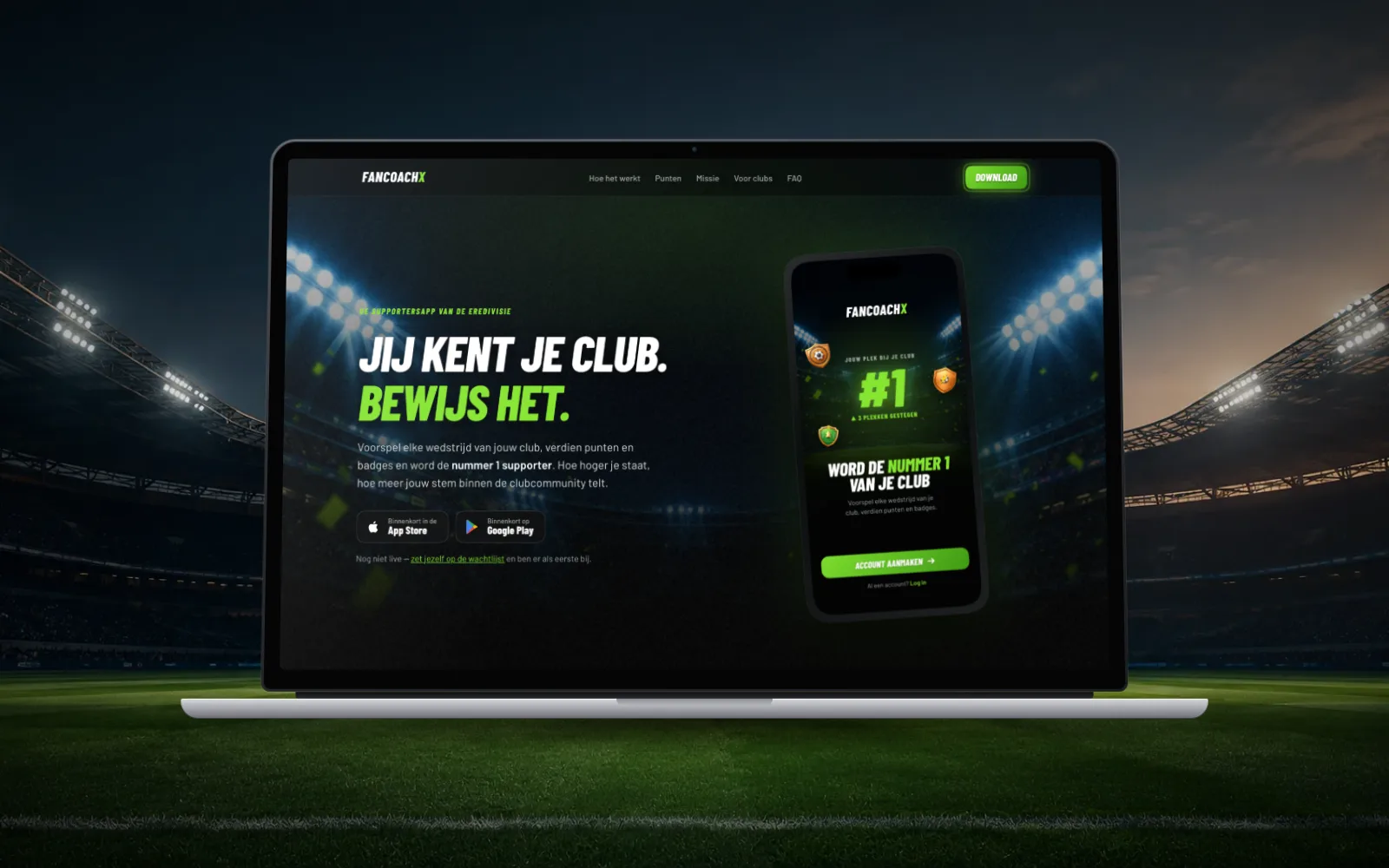 FanCoachX-website op een laptop in het stadion